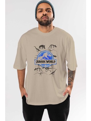 Ankhises Jurassic Park (5) Ön Baskılı Bej Oversize T-Shirt Bisiklet Yaka Pamuk Erkek Kadın