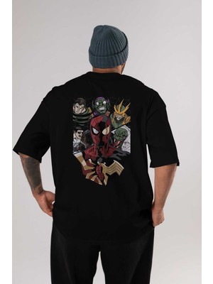 ankhisesSpiderman (31) Arka Baskılı Siyah Oversize T-Shirt Bisiklet Yaka Pamuk Erkek Kadın