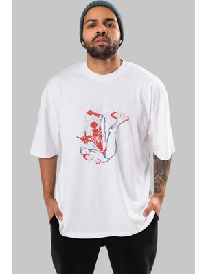 ankhisesSpiderman (19) Ön Baskılı Beyaz Oversize T-Shirt Bisiklet Yaka Erkek Kadın