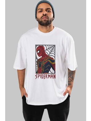 ankhisesSpiderman (8) Ön Baskılı Beyaz Oversize T-Shirt Bisiklet Yaka Erkek Kadın