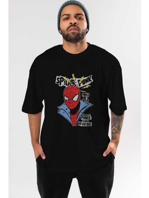 ankhisesSpiderman (18) Ön Baskılı Siyah Oversize T-Shirt Bisiklet Yaka Erkek Kadın