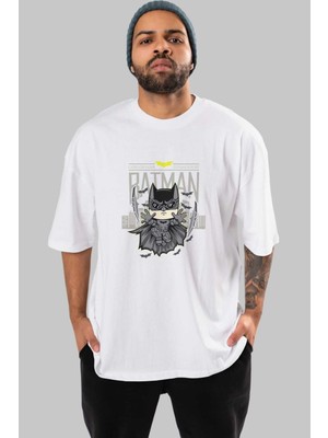 ankhisesBatman (25) Ön Baskılı Beyaz Oversize T-Shirt Bisiklet Yaka Erkek Kadın