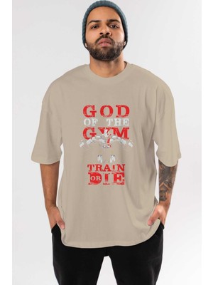 Ankhises God Of The Gym Ön Baskılı Bej Oversize T-Shirt Bisiklet Yaka Pamuk Erkek Kadın