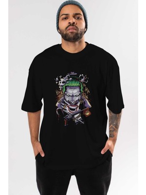ankhisesJoker Ön Baskılı Siyah Oversize T-Shirt Bisiklet Yaka Erkek Kadın