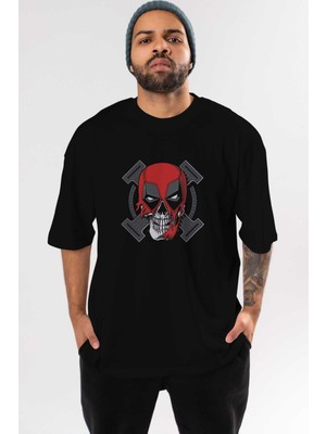 ankhisesDeadpool (7) Ön Baskılı Siyah Oversize T-Shirt Bisiklet Yaka Erkek Kadın