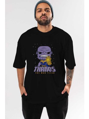 ankhises Thanos (1) Ön Baskılı Siyah Oversize T-Shirt Bisiklet Yaka Erkek Kadın