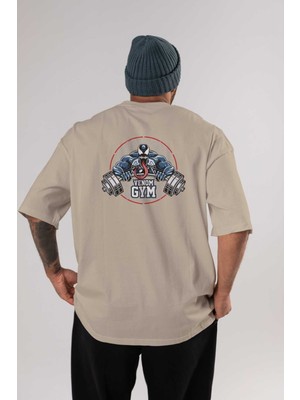 Ankhises Venom Gym Arka Baskılı Bej Oversize T-Shirt Bisiklet Yaka Pamuk Erkek Kadın