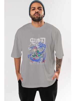 Ankhises Tanjıro Kamado 2 Anime Ön Baskılı Gri Oversize T-Shirt %100 Pamuk Erkek Kadın