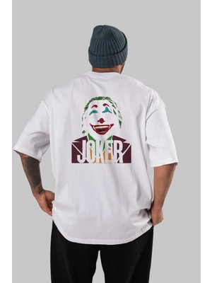 ankhisesJoker (10) Arka Baskılı Beyaz Oversize T-Shirt Bisiklet Yaka Pamuk Erkek Kadın