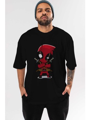 ankhisesDeadpool (19) Ön Baskılı Siyah Oversize T-Shirt Bisiklet Yaka Erkek Kadın