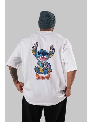 ankhisesStitch Arka Baskılı Beyaz Oversize T-Shirt Bisiklet Yaka Pamuk Erkek Kadın
