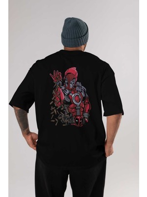 ankhisesDeadpool (2) Arka Baskılı Siyah Oversize T-Shirt Bisiklet Yaka Pamuk Erkek Kadın