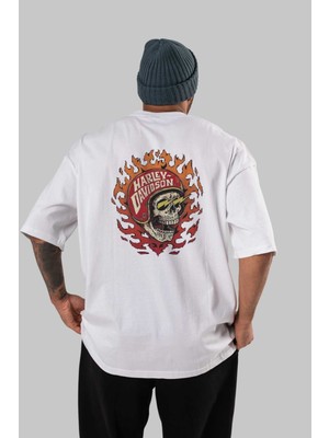 ankhisesHarley Davidson 3 Arka Baskılı Beyaz Oversize T-Shirt Bisiklet Yaka Pamuk Erkek Kadın