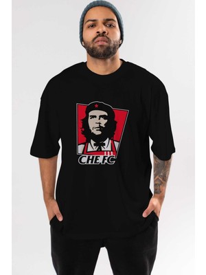 ankhisesChe Fc Ön Baskılı Siyah Oversize T-Shirt Bisiklet Yaka Erkek Kadın