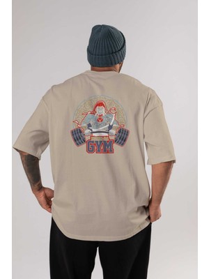 Ankhises Mumm-Ra Gym Arka Baskılı Bej Oversize T-Shirt Bisiklet Yaka Pamuk Erkek Kadın