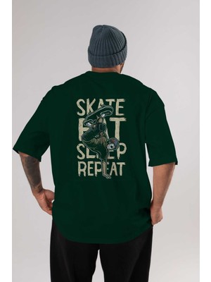Ankhises Skate Eat Sleep Repeat Arka Baskılı Zümrüt Yeşili Oversize T-Shirt Erkek Kadın Bisiklet Yaka