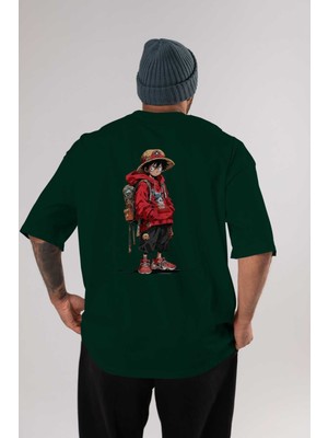 Ankhises One Piece Arka Baskılı Zümrüt Yeşili Oversize T-Shirt Bisiklet Yaka Erkek Kadın