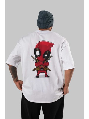 ankhisesDeadpool (19) Arka Baskılı Beyaz Oversize T-Shirt Bisiklet Yaka Pamuk Erkek Kadın