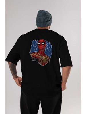 ankhisesSpiderman (29) Arka Baskılı Siyah Oversize T-Shirt Bisiklet Yaka Pamuk Erkek Kadın