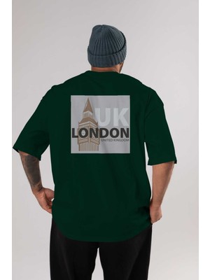 Ankhises London 2 Arka Baskılı Zümrüt Yeşili Oversize T-Shirt Unisex Erkek Kadın Bisiklet Yaka