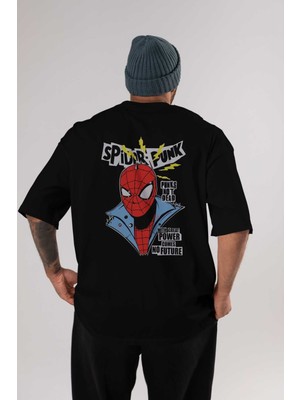 ankhisesSpiderman (18) Arka Baskılı Siyah Oversize T-Shirt Bisiklet Yaka Pamuk Erkek Kadın