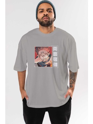 Ankhises Sukuna Ryoumen 4 Anime Ön Baskılı Gri Oversize T-Shirt %100 Pamuk Erkek Kadın