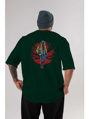 Ankhises Spıderman 2 Arka Baskılı Zümrüt Yeşili Oversize T-Shirt Erkek Kadın Bisiklet Yaka