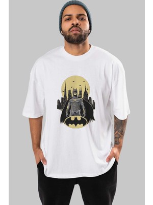 ankhisesBatman 6 Ön Baskılı Beyaz Oversize T-Shirt Bisiklet Yaka Erkek Kadın