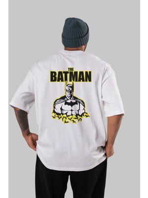 ankhisesBatman (20) Arka Baskılı Beyaz Oversize T-Shirt Bisiklet Yaka Pamuk Erkek Kadın