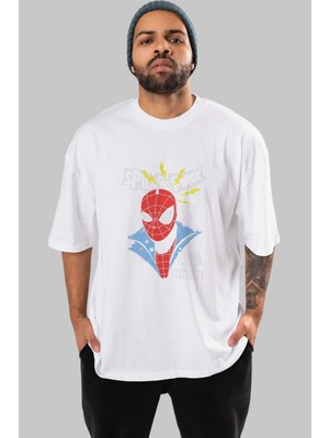ankhisesSpiderman (18) Ön Baskılı Beyaz Oversize T-Shirt Bisiklet Yaka Erkek Kadın