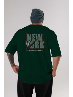 Ankhises New York Perfection Arka Baskılı Zümrüt Yeşili Oversize T-Shirt Unisex Erkek Kadın Bisiklet Yaka