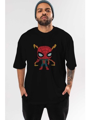 ankhisesSpiderman (17) Ön Baskılı Siyah Oversize T-Shirt Bisiklet Yaka Erkek Kadın