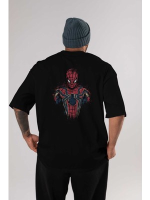 ankhisesSpiderman (9) Arka Baskılı Siyah Oversize T-Shirt Bisiklet Yaka Pamuk Erkek Kadın