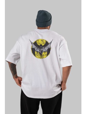ankhisesBatman 5 Arka Baskılı Beyaz Oversize T-Shirt Bisiklet Yaka Pamuk Erkek Kadın