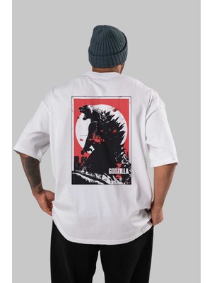 ankhisesGodzilla (2) Arka Baskılı Beyaz Oversize T-Shirt Bisiklet Yaka Pamuk Erkek Kadın