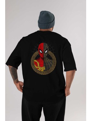 ankhisesSpiderman (28) Arka Baskılı Siyah Oversize T-Shirt Bisiklet Yaka Pamuk Erkek Kadın