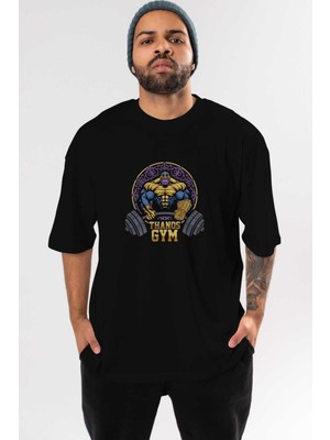 ankhises Thanos Gym Ön Baskılı Siyah Oversize T-Shirt Bisiklet Yaka Erkek Kadın