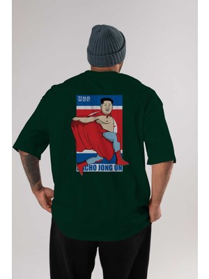 Ankhises Nacho Libre Jong Un Arka Baskılı Zümrüt Yeşili Oversize T-Shirt Unisex Erkek Kadın Bisiklet Yaka