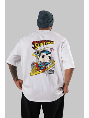 ankhises Superman (2) Arka Baskılı Beyaz Oversize T-Shirt Bisiklet Yaka Pamuk Erkek Kadın