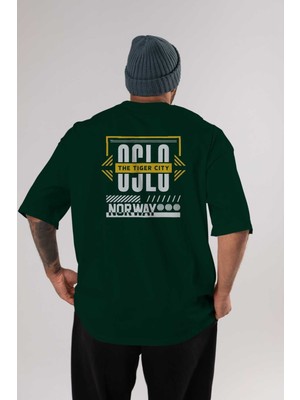 Ankhises Oslo Arka Baskılı Zümrüt Yeşili Oversize T-Shirt Erkek Kadın Bisiklet Yaka