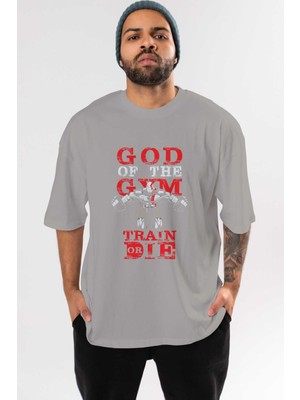 Ankhises God Of The Gym Ön Baskılı Gri Oversize T-Shirt Bisiklet Yaka Pamuk Erkek Kadın