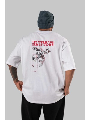 ankhisesBatman (6) Arka Baskılı Beyaz Oversize T-Shirt Bisiklet Yaka Pamuk Erkek Kadın