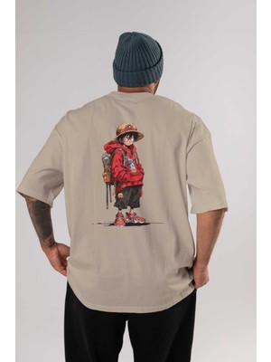 Ankhises One Piece Arka Baskılı Bej Oversize T-Shirt Bisiklet Yaka Pamuk Erkek Kadın