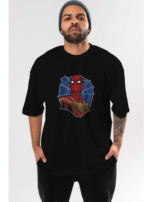 ankhisesSpiderman (29) Ön Baskılı Siyah Oversize T-Shirt Bisiklet Yaka Erkek Kadın