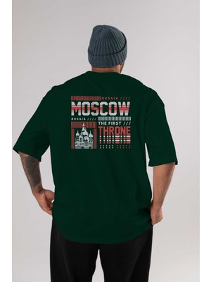 Ankhises Moscow Arka Baskılı Zümrüt Yeşili Oversize T-Shirt Unisex Erkek Kadın Bisiklet Yaka