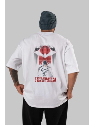 ankhisesBatman (5) Arka Baskılı Beyaz Oversize T-Shirt Bisiklet Yaka Pamuk Erkek Kadın