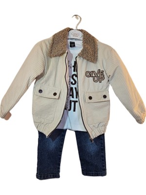 Kadife Çocuk Montu Kot Pantolon Sweat shirt takımı