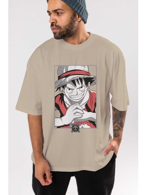 Ankhises Luff D. Monkey Onepiece Anime Ön Baskılı Bej Oversize T-Shirt Erkek Kadın