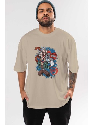 Ankhises Tanjıro ,akaza,dakı Anime Ön Baskılı Bej Oversize T-Shirt Erkek Kadın