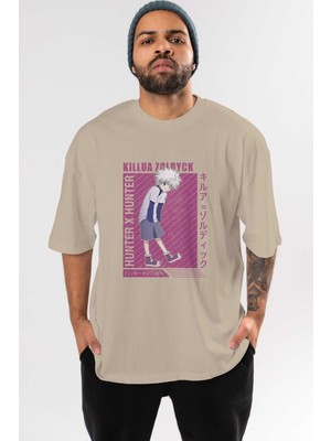 Ankhises Killua Zoldyck 3 1 Anime Ön Baskılı Bej Oversize T-Shirt Erkek Kadın